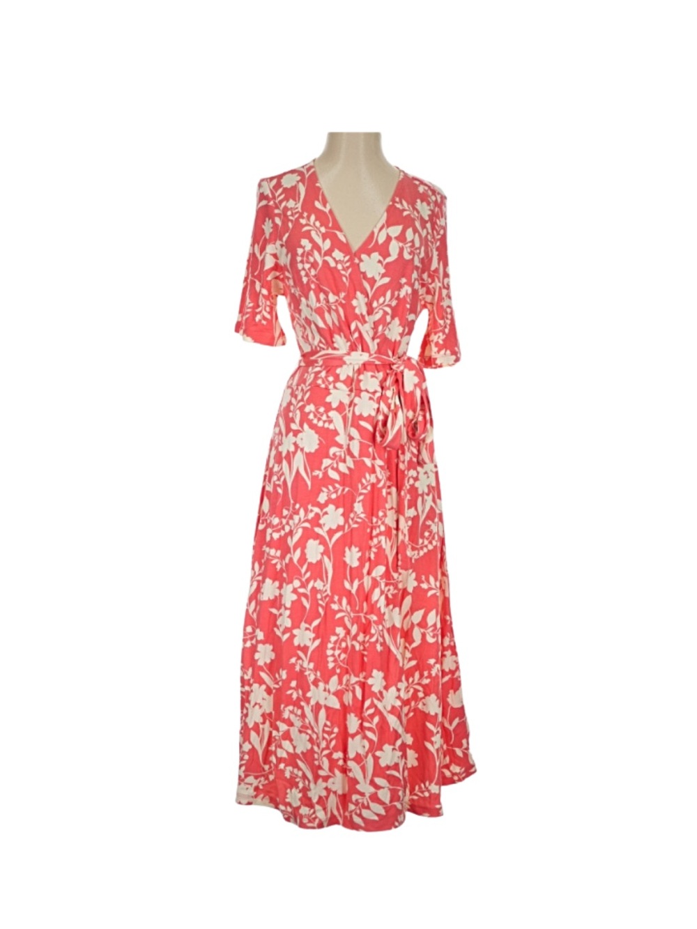 Isaac Mizrahi Coral Pink Floral Print Wrap Maxi Dress Sleeve Long Prairie Spring